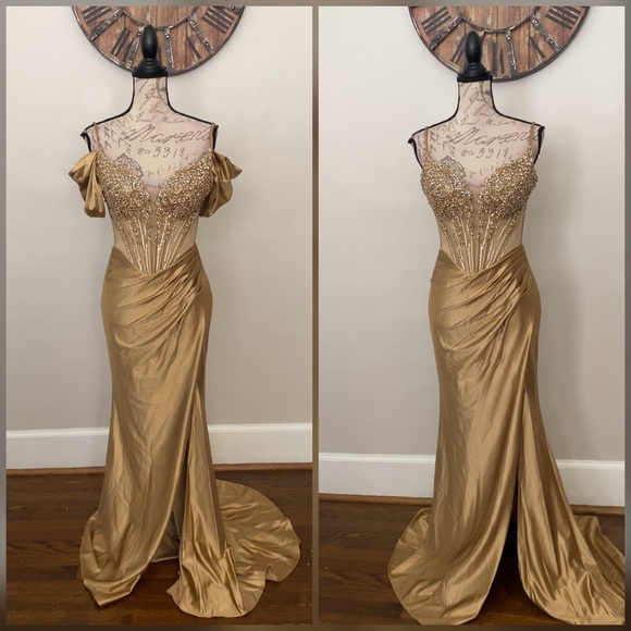 Beaded gold corset prom dress formal dress gala gown or pageant evening gown